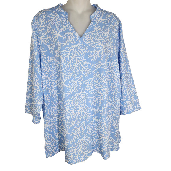 Denim & Co. Womens Printed V-Neck 3/4-Sleeves Tunic Top Chambray Blue Size Large - Picture 1 of 9
